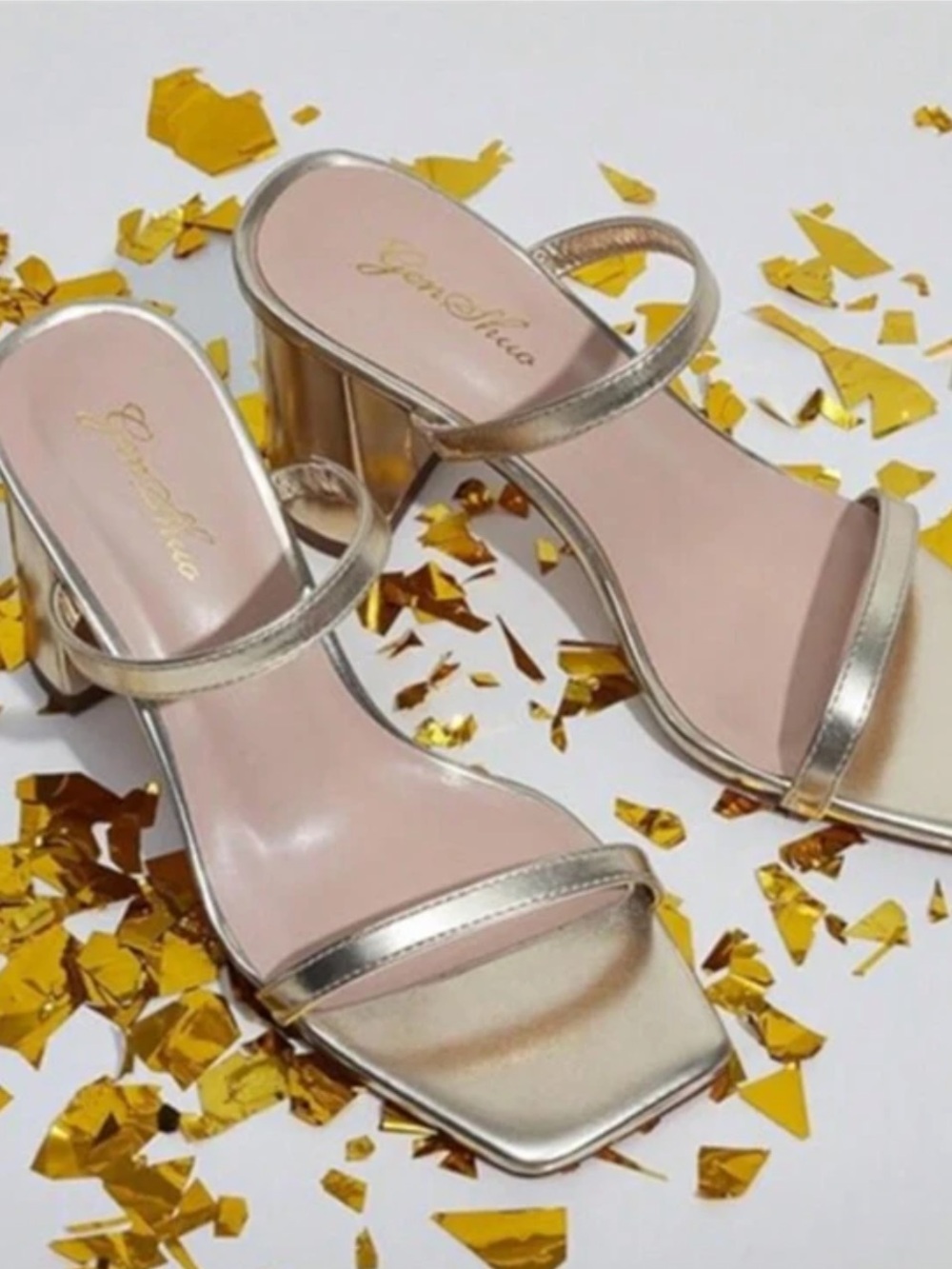 Gold high chuncky heels for women fashion comfort slip on